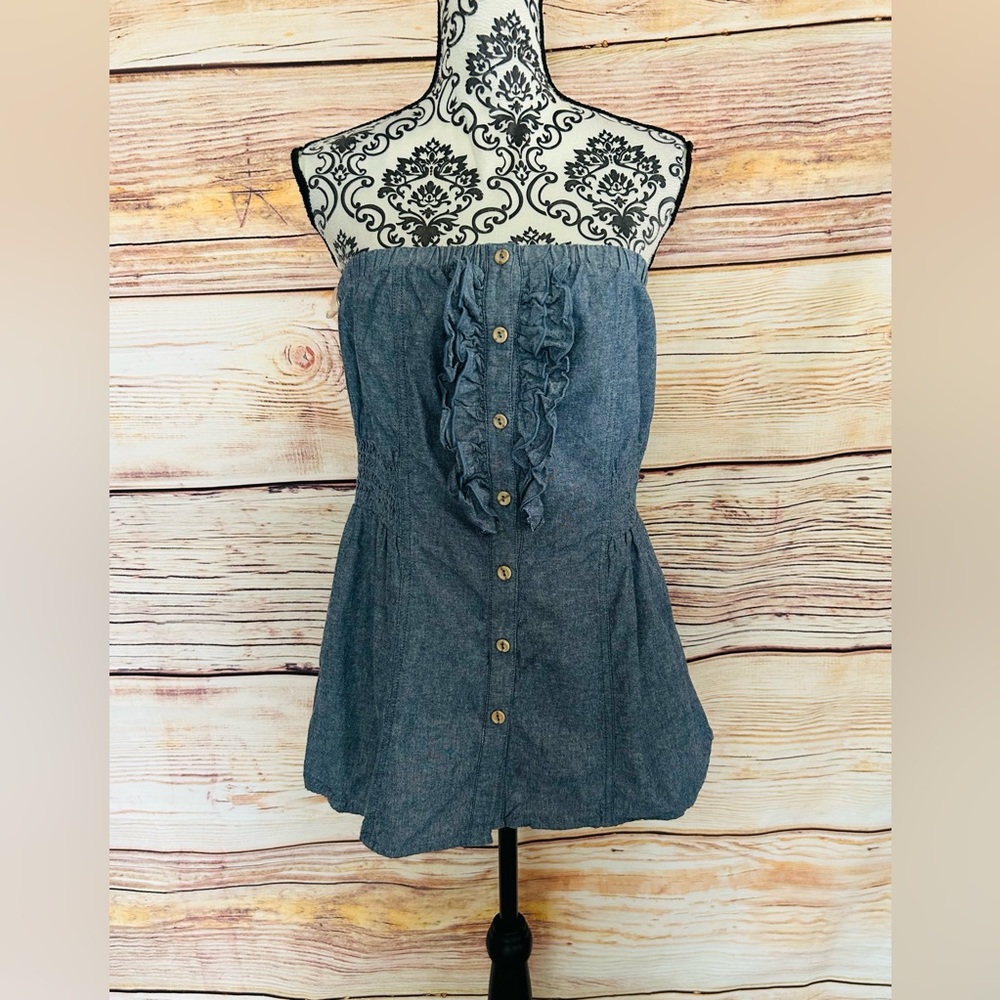Mixxed26 Juniors Y2K Blue Chambray Button Front Ruffle Strapless Babydoll Top XL